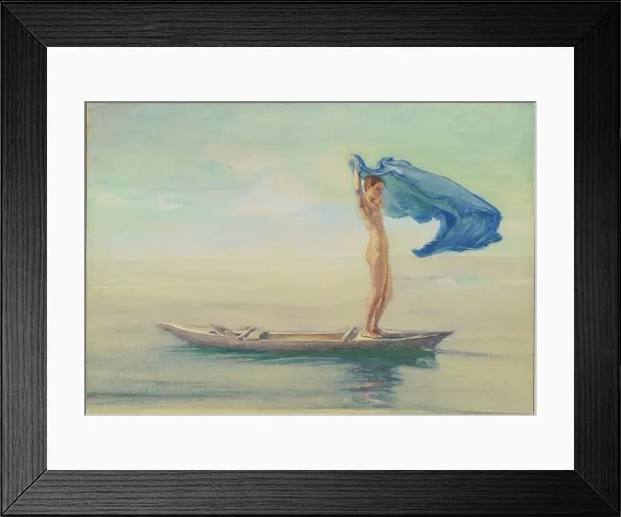 Framed Print : Girl in Bow of Canoe Spreading Out Her Loin-Cloth for a Sail, Samoa, 1895-1896. Creator: John La Farge Framed Print : Girl in Bow of Canoe Spreading Out Her Loin-Cloth for a Sail, Samoa, 1895-1896. Creator: John La Farge