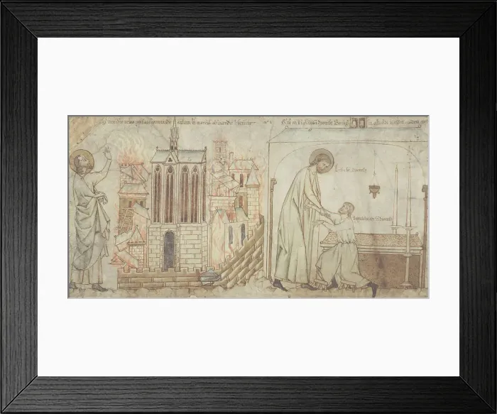 Framed Print : Saint Éloi saves Saint-Martial church on the Île de la Cité from a fire. Saint Eloi cures... c1250. Creator: Unknown Framed Print : Saint Éloi saves Saint-Martial church on the Île de la Cité from a fire. Saint Eloi cures... c1250. Creator: Unknown
