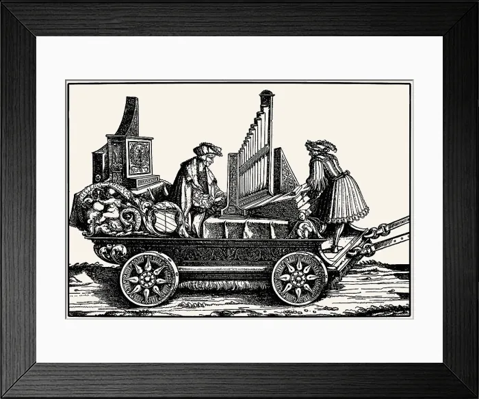 Framed Print : Paul Hofhaimer (1459-1537) on a wagon with positive organ, 1517. Creator: Burgkmair, Hans, the Elder (1473-1531) Framed Print : Paul Hofhaimer (1459-1537) on a wagon with positive organ, 1517. Creator: Burgkmair, Hans, the Elder (1473-1531)