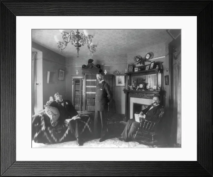 Framed Print : Three men in an interior, between c1890 and c1910. Creator: Frances Benjamin Johnston