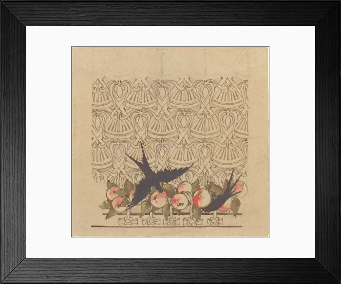 Framed Print : Ornamental design with two birds pecking at fruit, c.1890s. Creator: Karel Vitezslav Masek