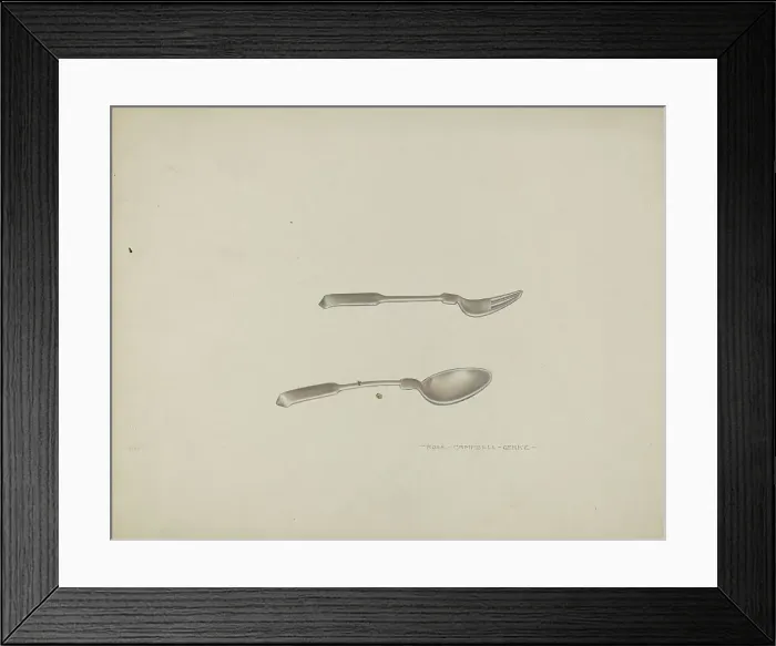 Framed Print : Silver Baby Spoon and Fork, c. 1939. Creator: Rose Campbell-Gerke Framed Print : Silver Baby Spoon and Fork, c. 1939. Creator: Rose Campbell-Gerke