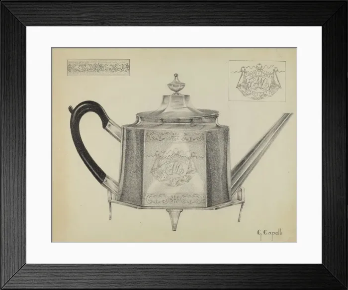 Framed Print : Silver Teapot with Tray, c. 1936. Creator: Giacinto Capelli Framed Print : Silver Teapot with Tray, c. 1936. Creator: Giacinto Capelli