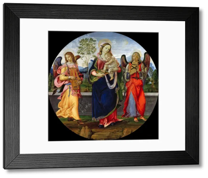 Framed Print : Madonna and Child with two angels playing music, Between 1496 and 1498. Creator: Raffaellino del Garbo (1466-1524) Framed Print : Madonna and Child with two angels playing music, Between 1496 and 1498. Creator: Raffaellino del Garbo (1466-1524)