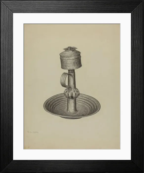 Framed Print : Whale Oil Peg Lamp and Stand, c. 1940. Creator: Neva Coffey Framed Print : Whale Oil Peg Lamp and Stand, c. 1940. Creator: Neva Coffey