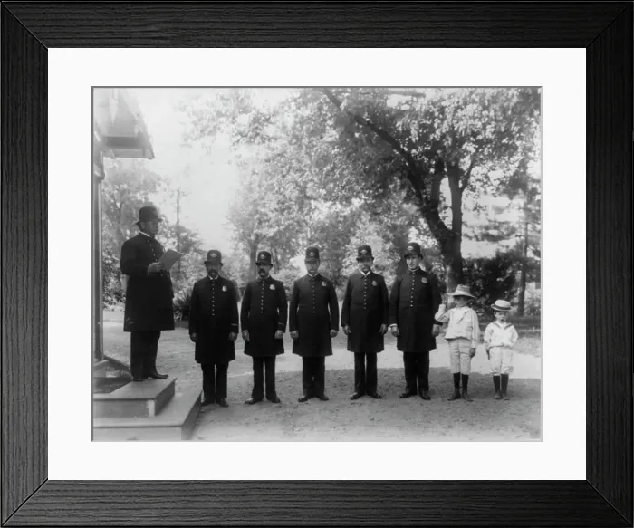 Framed Print : Police roll call inspection at the White House, 1902. Creator: Frances Benjamin Johnston. Police roll call inspection at the White House, 1902. Creator: Frances Benjamin Johnston Framed Print : Police roll call inspection at the White House, 1902. Creator: Frances Benjamin Johnston. Police roll call inspection at the White House, 1902. Creator: Frances Benjamin Johnston