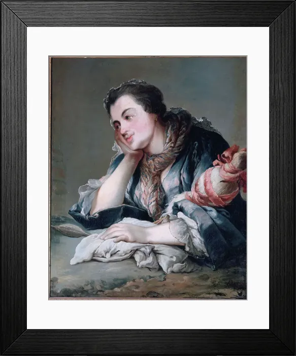 Framed Print : Portrait of a woman holding a distaff (around 1740), c1740. Creator: Unknown Framed Print : Portrait of a woman holding a distaff (around 1740), c1740. Creator: Unknown