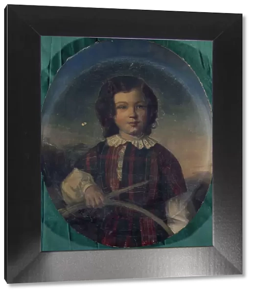 Portrait of a young boy in Scottish costume holding a hoop, between 1801 and 1900. Creator: Unknown