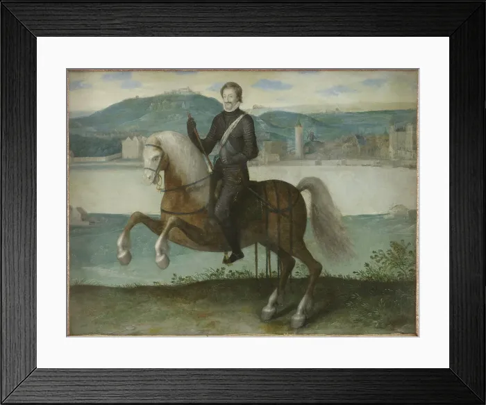 Framed Print : Portrait of Henri IV (1553-1610), King of France, on horseback in front of Paris, c1595. Creator: Unknown Framed Print : Portrait of Henri IV (1553-1610), King of France, on horseback in front of Paris, c1595. Creator: Unknown