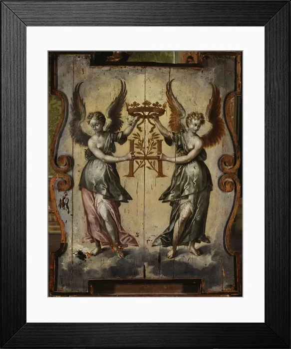 Framed Print : Two winged figures supporting an H topped with a ducal crown, between 1589 and 1600. Creator: Unknown. Two winged figures supporting an H topped with a ducal crown, between 1589 and 1600. Creator: Unknown Framed Print : Two winged figures supporting an H topped with a ducal crown, between 1589 and 1600. Creator: Unknown. Two winged figures supporting an H topped with a ducal crown, between 1589 and 1600. Creator: Unknown