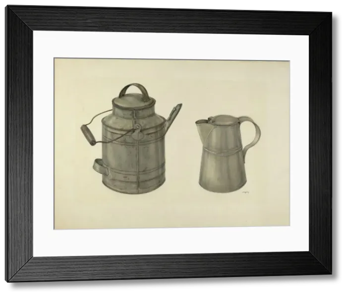 Framed Print : Zoar Tin Coffee Pot and Pail, c. 1938. Creator: John Wilkes Framed Print : Zoar Tin Coffee Pot and Pail, c. 1938. Creator: John Wilkes