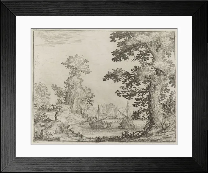 Framed Print : Landscape and River with Anchored Vessels, 1638. Creator: Ercole Bazicaluva Framed Print : Landscape and River with Anchored Vessels, 1638. Creator: Ercole Bazicaluva