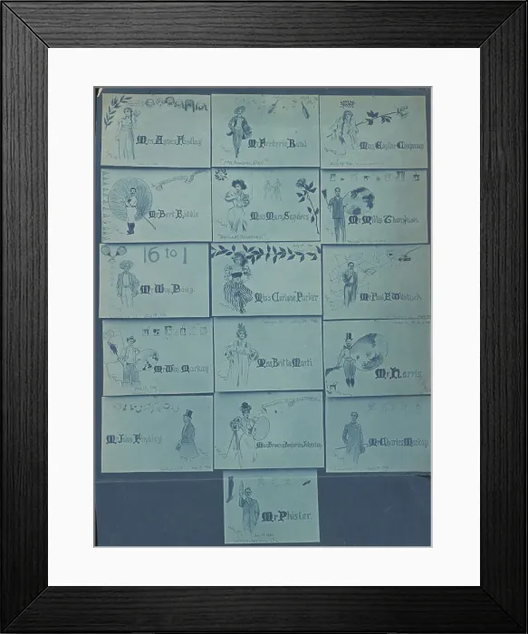 Framed Print : Photograph of 16 place cards drawn by Mills Thompson for artists, musicians, and actors... 1896. Creator: Frances Benjamin Johnston Framed Print : Photograph of 16 place cards drawn by Mills Thompson for artists, musicians, and actors... 1896. Creator: Frances Benjamin Johnston