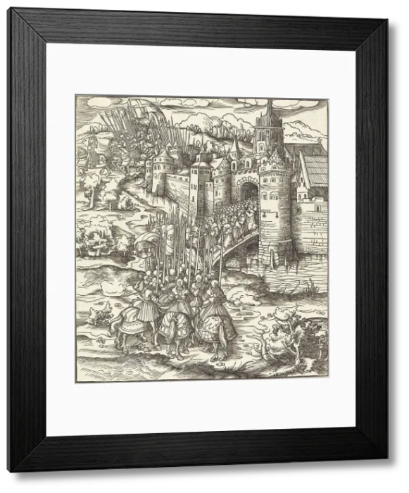 Framed Print : Various Men Kneeling on a Bridge in front of a Town, 1514 / 1516. Creator: Leonhard Beck Framed Print : Various Men Kneeling on a Bridge in front of a Town, 1514 / 1516. Creator: Leonhard Beck