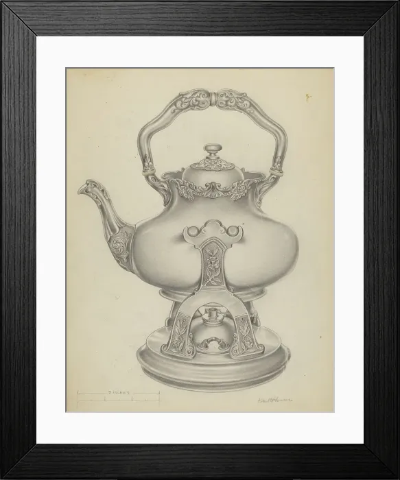 Framed Print : Silver Kettle with Lamp & Stand, c. 1937. Creator: R.E. Schearer. Silver Kettle with Lamp & Stand, c. 1937. Creator: R.E. Schearer Framed Print : Silver Kettle with Lamp & Stand, c. 1937. Creator: R.E. Schearer. Silver Kettle with Lamp & Stand, c. 1937. Creator: R.E. Schearer