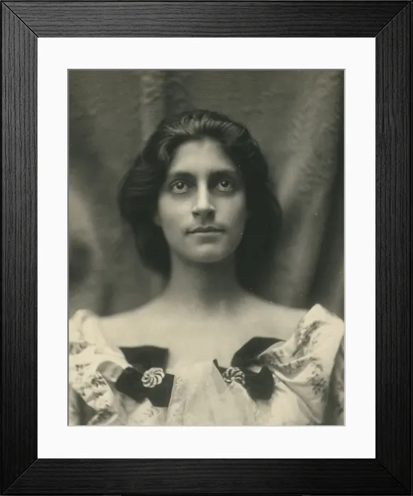 Framed Print : Portrait of a woman in a floral dress adorned with diamond brooches and bows, c1900. Creator: Virginia M Prall Framed Print : Portrait of a woman in a floral dress adorned with diamond brooches and bows, c1900. Creator: Virginia M Prall