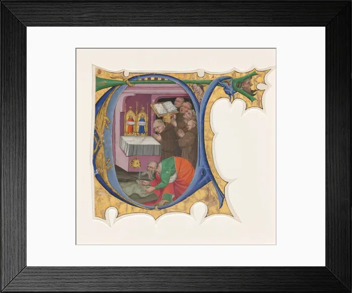 Framed Print : Initial T with a group of Benedictine monks singing before an altar from which issues water, 1430s. Creator: Master of the Cypresses Framed Print : Initial T with a group of Benedictine monks singing before an altar from which issues water, 1430s. Creator: Master of the Cypresses