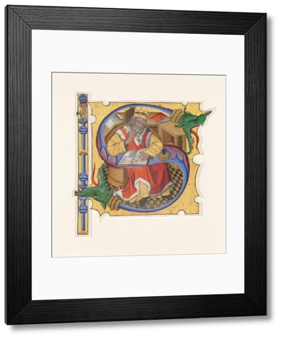 Framed Print : Initials with King David as Scribe, 1430s. Creator: Master of the Cypresses Framed Print : Initials with King David as Scribe, 1430s. Creator: Master of the Cypresses
