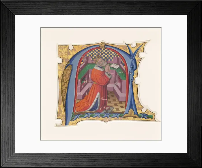Framed Print : Initial N (?) with David in Prayer, 1430s. Creator: Master of the Cypresses Framed Print : Initial N (?) with David in Prayer, 1430s. Creator: Master of the Cypresses