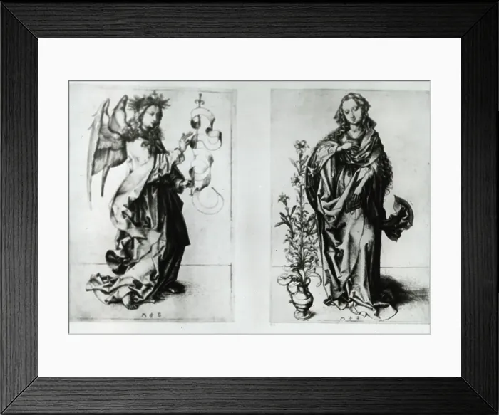 Framed Print : Reproduction of print showing: Madonna and Archangel Gabriel, between 1915 and 1925. Creator: Martin Schongauer Framed Print : Reproduction of print showing: Madonna and Archangel Gabriel, between 1915 and 1925. Creator: Martin Schongauer