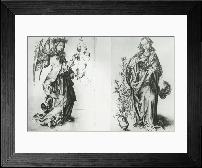 Framed Print : Reproduction of print showing: Madonna and Archangel Gabriel, between 1915 and 1925. Creator: Martin Schongauer Framed Print : Reproduction of print showing: Madonna and Archangel Gabriel, between 1915 and 1925. Creator: Martin Schongauer