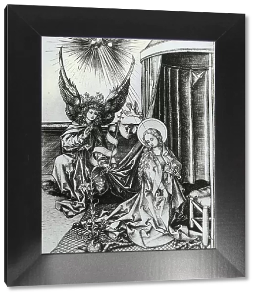Reproduction of print: Annunciation, between 1915 and 1925. Creator: Martin Schongauer