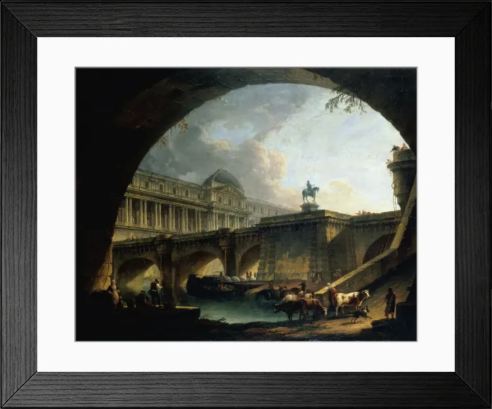 Framed Print : Caprice architectural : un palais inspiré du Louvre et le Pont-Neuf s'encadrant dans... c1775. Creator: Pierre-Antoine Demachy Framed Print : Caprice architectural : un palais inspiré du Louvre et le Pont-Neuf s'encadrant dans... c1775. Creator: Pierre-Antoine Demachy