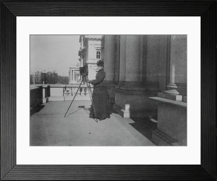 Framed Print : Frances Benjamin Johnston with camera on balcony of State, War and Navy Building... 1888. Creator: Frances Benjamin Johnston Framed Print : Frances Benjamin Johnston with camera on balcony of State, War and Navy Building... 1888. Creator: Frances Benjamin Johnston