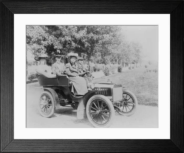 Framed Print : Frances Benjamin Johnston seated with three other people in automobile, between 1890 and 1910. Creator: Unknown Framed Print : Frances Benjamin Johnston seated with three other people in automobile, between 1890 and 1910. Creator: Unknown