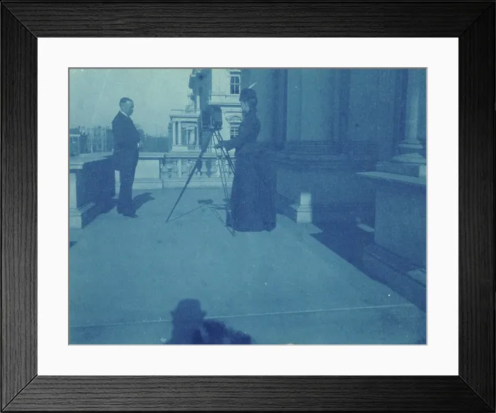 Framed Print : Frances Benjamin Johnston on a balcony of the State, War and Navy Building with a tripod... 1888. Creator: Frances Benjamin Johnston Framed Print : Frances Benjamin Johnston on a balcony of the State, War and Navy Building with a tripod... 1888. Creator: Frances Benjamin Johnston