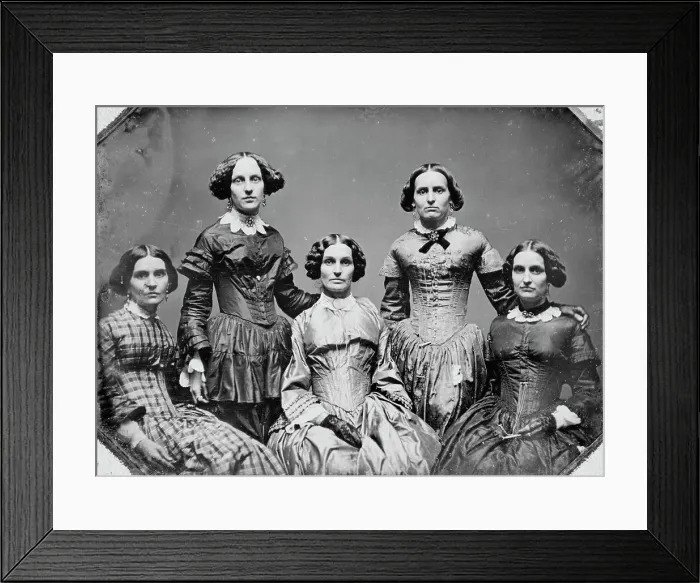 Framed Print : Clark sisters, five women, three-quarter length portraits, all facing front, between 1840 and 1860. Creator: Unknown Framed Print : Clark sisters, five women, three-quarter length portraits, all facing front, between 1840 and 1860. Creator: Unknown