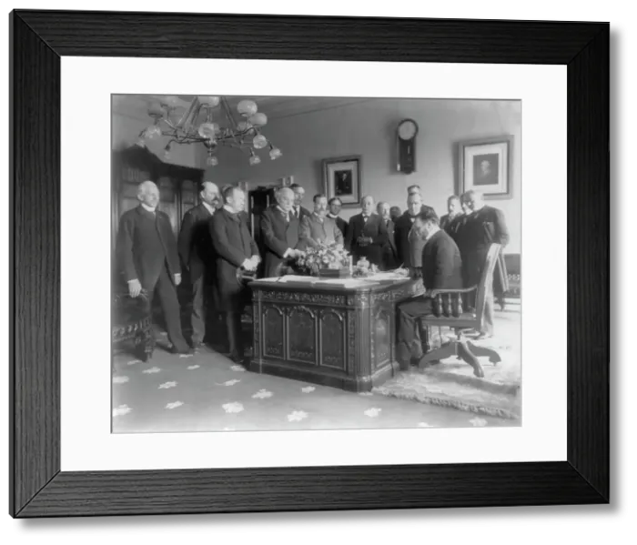 Framed Print : Exchange of the ratifications of the treaty of peace with Spain, made in the President's... c1899. Creator: Unknown Framed Print : Exchange of the ratifications of the treaty of peace with Spain, made in the President's... c1899. Creator: Unknown