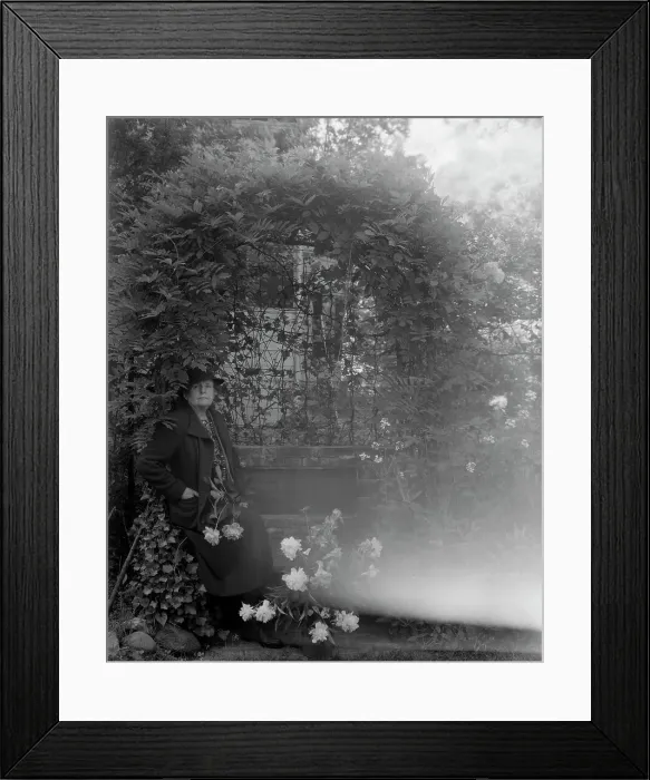 Framed Print : Frances Benjamin Johnston, photographer, posed sitting with peonies... Takoma Park, Maryland, 1938. Creator: Unknown Framed Print : Frances Benjamin Johnston, photographer, posed sitting with peonies... Takoma Park, Maryland, 1938. Creator: Unknown
