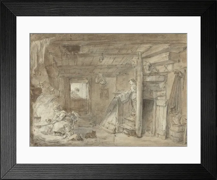 Framed Print : Interior of a Farmhouse with Figures, late 18th century. Creator: Hubert Robert Framed Print : Interior of a Farmhouse with Figures, late 18th century. Creator: Hubert Robert