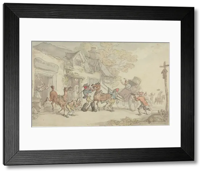 Framed Print : Changing Horses at a Post House in France, c. 1790. Creator: Thomas Rowlandson Framed Print : Changing Horses at a Post House in France, c. 1790. Creator: Thomas Rowlandson