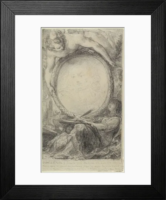 Framed Print : Allegorical Frame with a Genius and a Veiled Woman Writing, c. 1769. Creator: Gabriel de Saint-Aubin Framed Print : Allegorical Frame with a Genius and a Veiled Woman Writing, c. 1769. Creator: Gabriel de Saint-Aubin