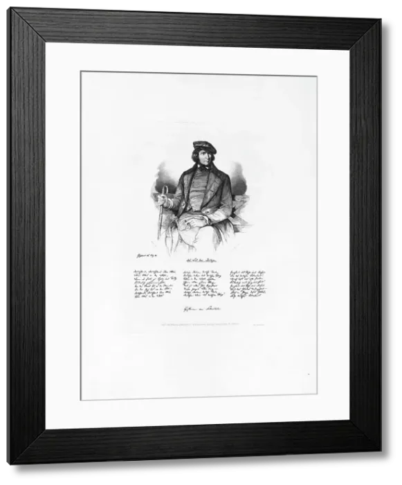 Framed Print : Portrait of August Heinrich Hoffmann von Fallersleben (1798-1874) and facsimile of the Song... Creator: Hoffmeister, Christian (1818-1871) Framed Print : Portrait of August Heinrich Hoffmann von Fallersleben (1798-1874) and facsimile of the Song... Creator: Hoffmeister, Christian (1818-1871)