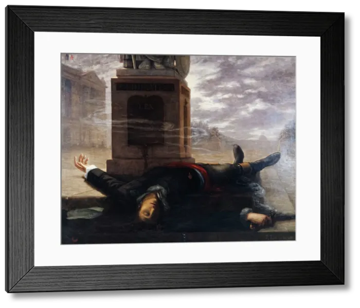 Framed Print : La mort de Victor Bach, le 18 brumaire, au pied de la statue de la Liberté, place de la... c1895. Creator: J Le coeur Framed Print : La mort de Victor Bach, le 18 brumaire, au pied de la statue de la Liberté, place de la... c1895. Creator: J Le coeur