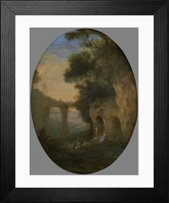 Framed Print : Shepherdess and her flock at the entrance to a cave, between 1675 and 1699. Creator: Unknown Framed Print : Shepherdess and her flock at the entrance to a cave, between 1675 and 1699. Creator: Unknown