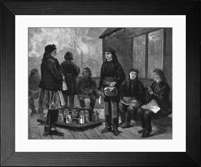 Framed Print : The employment of women at pit mouths - breakfast time, 1886. Creator: Unknown Framed Print : The employment of women at pit mouths - breakfast time, 1886. Creator: Unknown