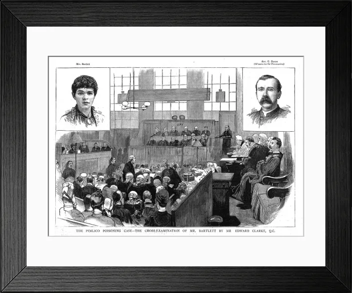 Framed Print : The Pimlico poisoning case - The cross examination of Mr Bartlett by Mr Edward Clarke, QC 1886. Creator: Unknown Framed Print : The Pimlico poisoning case - The cross examination of Mr Bartlett by Mr Edward Clarke, QC 1886. Creator: Unknown