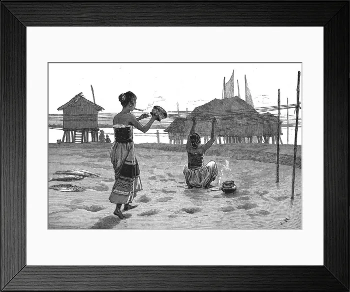 Framed Print : Fisher Girls of the Irrawaddy making nets, 1886. Creator: Unknown
