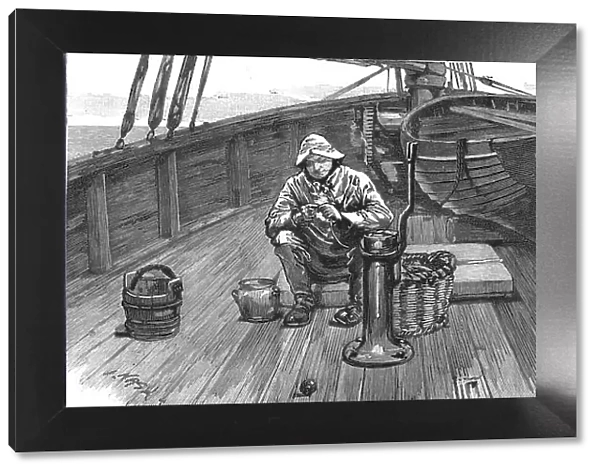 Long-line fishing in the North Sea, on deck baiting the lines, 1886. Creator: Unknown