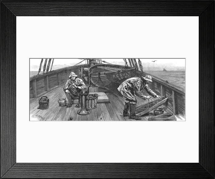 Framed Print : Long-line fishing in the North Sea, on deck baiting the lines, 1886. Creator: Unknown Framed Print : Long-line fishing in the North Sea, on deck baiting the lines, 1886. Creator: Unknown