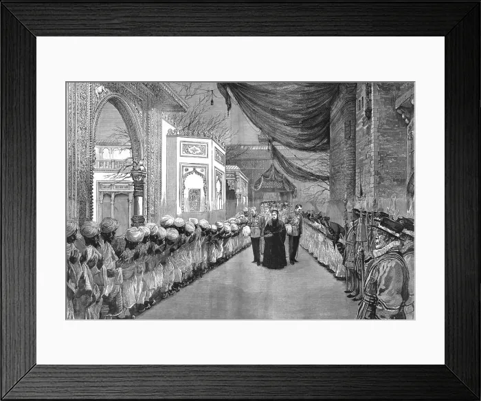 Framed Print : The opening of the Colonial and Indian Exhibition by the Queen - Twixt East and West, 1886. Creator: Unknown Framed Print : The opening of the Colonial and Indian Exhibition by the Queen - Twixt East and West, 1886. Creator: Unknown