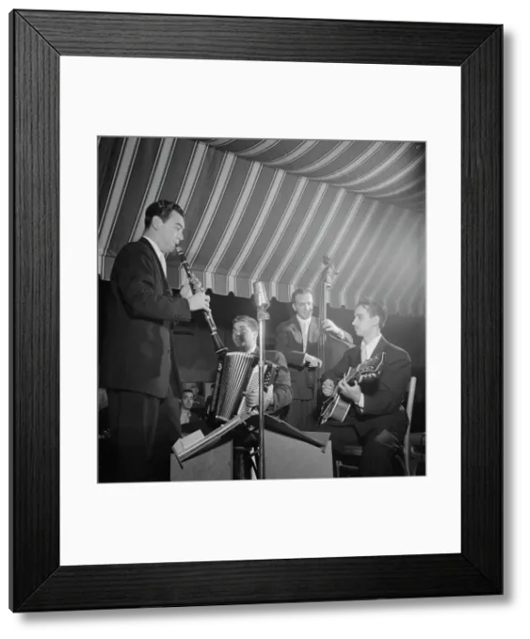 Framed Print : Portrait of Abe Most, Pete Ponti, Sid Jacobs, and Jimmy Norton, Hickory House, N.Y. ca. June 1947. Creator: William Paul Gottlieb