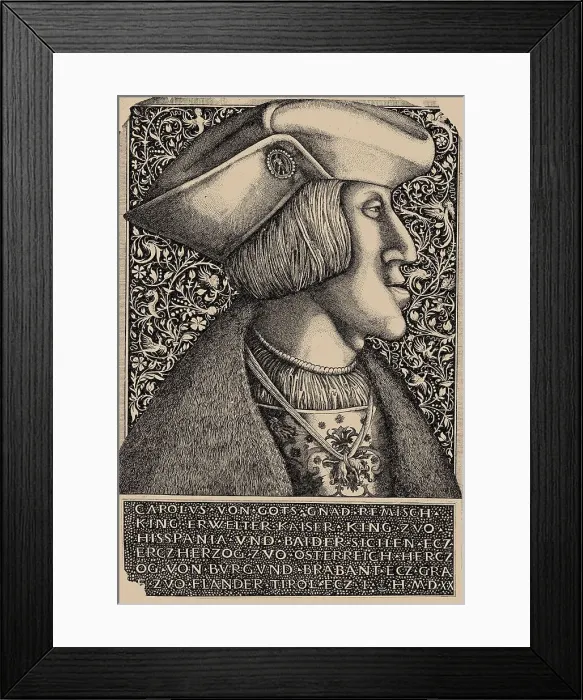 Framed Print : Portrait of the Emperor Charles V (1500-1558), 1520. Creator: Hopfer, Daniel, the Elder (1470-1536)