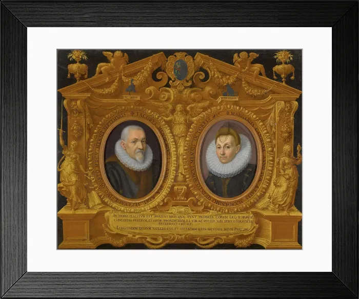 Framed Print : Double portrait Jacopo Menochio and his wife, Margherita Candiana, in a trompe l'oeil frame, 1606. Creator: Galizia, Fede (1578-1630) Framed Print : Double portrait Jacopo Menochio and his wife, Margherita Candiana, in a trompe l'oeil frame, 1606. Creator: Galizia, Fede (1578-1630)