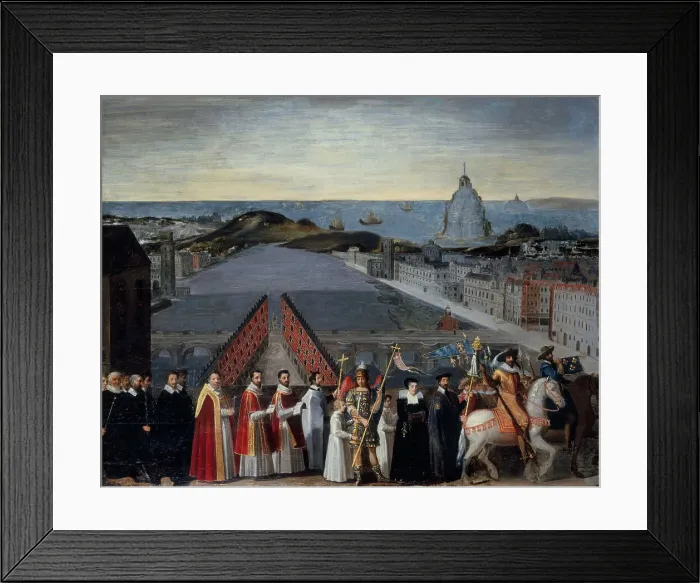 Framed Print : Procession of the Parisian brotherhood of Mont Saint-Michel pilgrims on the Pont... c1610-1620. Creator: Unknown Framed Print : Procession of the Parisian brotherhood of Mont Saint-Michel pilgrims on the Pont... c1610-1620. Creator: Unknown