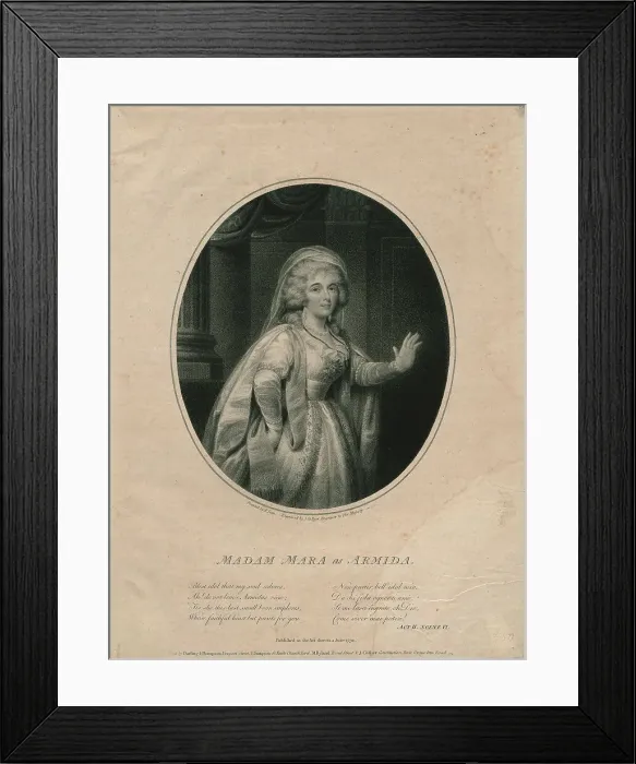 Framed Print : The singer Madame Gertrud Elisabeth Mara (1749-1833), as Armida, 1794. Creator: Collyer, Joseph (1748-1827) Framed Print : The singer Madame Gertrud Elisabeth Mara (1749-1833), as Armida, 1794. Creator: Collyer, Joseph (1748-1827)